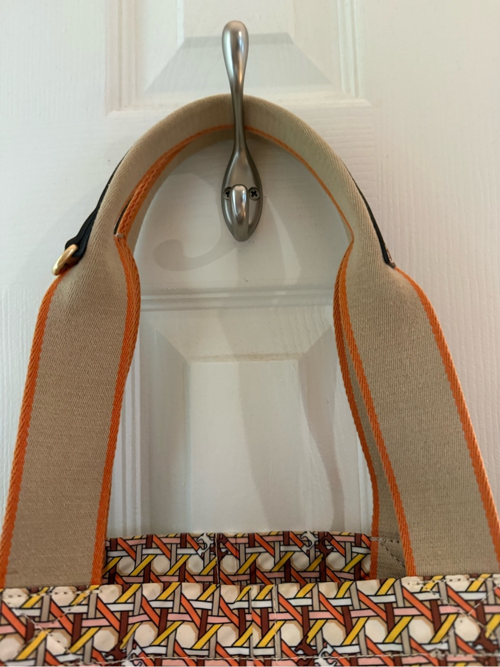 Tory Burch Orange, Yellow and White Patterned Canvas Tote with Cognac Patch - Picture 2 of 3